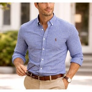 Ralph Lauren Mens Classic Preppy Gingham Oxford Shirt Size Small Blue Timeless